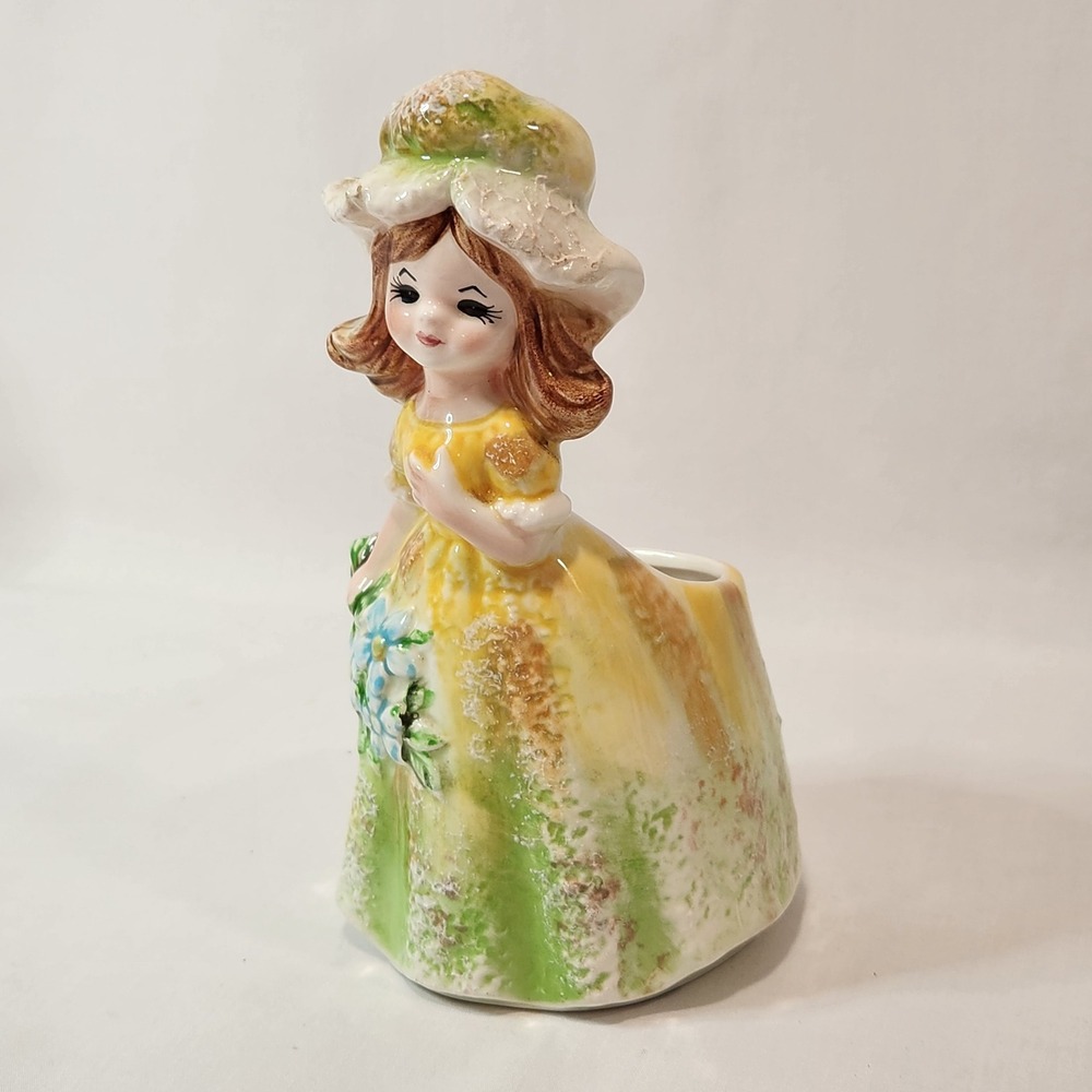 Vintage Ceramic Girl Figurine Planter Yellow Green Dress Hat Blue Flowers 6.75in